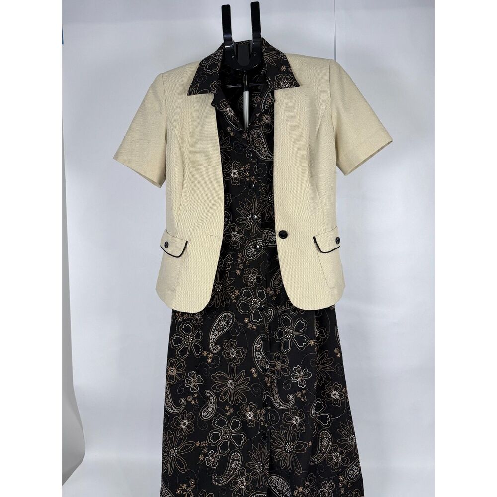 Studio I Vintage 2 Piece Midi Dress & Blazer‎ Set Black Beige Paisley Size 8